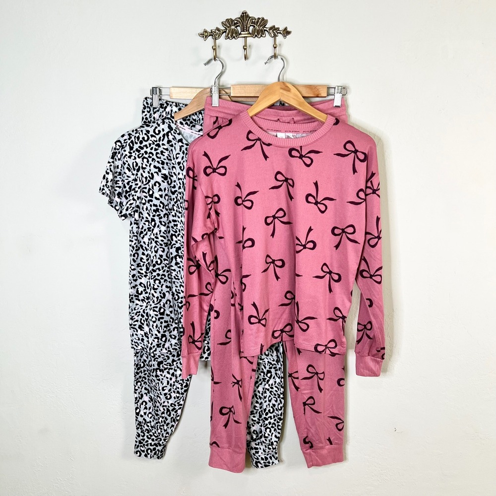 Joyspun Pajama Set Cozy Lounge Collection Womens Size XS Pink Bows Leopard Print